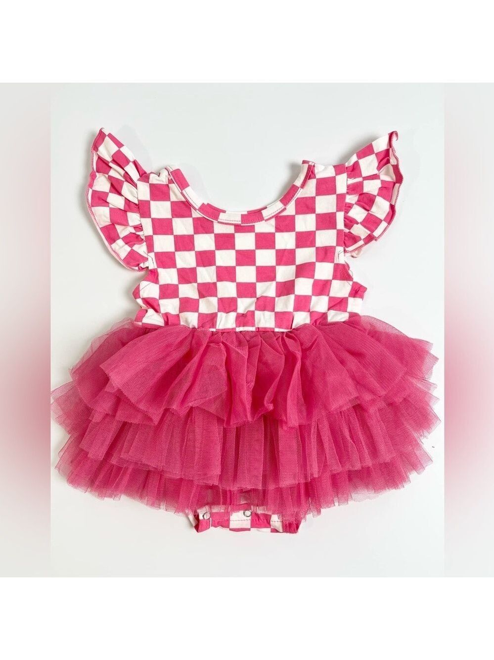 Pink Checkered Bodysuit Baby Dress with Tulle Tutu Skirt